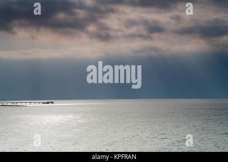 Ostsee im Sommer mit Sonne im Gegenlicht und Reflectionen, Untergehende Sonne bestrahlt Äste und Steine im Meerwasser Stockfoto