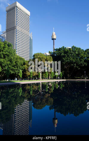 Sydney Tower spiegelt sich im Teich, Hyde Park, Sydney, New South Wales, Australien Stockfoto