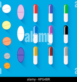 Reihe von verschiedenen bunten Pillen Stockfoto