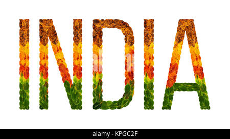 Wort Indien Land ist mit Blättern auf weißem Hintergrund isoliert geschrieben, ein Banner für den Druck, eine kreative Entwicklungsland farbigen Blätter, Indien Stockfoto