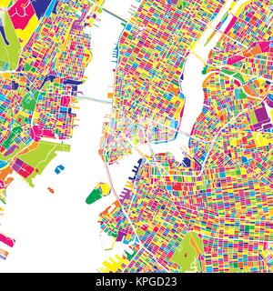 New York City, United States, bunte Vektorkarte. Weiße Straßen, Schienen und Wasser. Helle farbige Wahrzeichen formen. Kunst Muster drucken. Stock Vektor