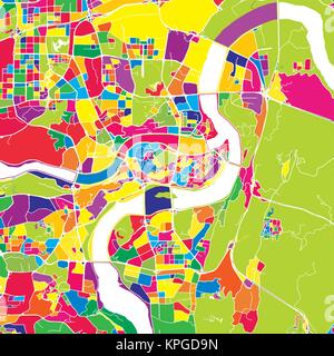 Chongqing, China, bunte Vektorkarte. Weiße Straßen, Schienen und Wasser. Helle farbige Wahrzeichen formen. Kunst Muster drucken. Stock Vektor