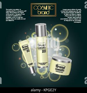 3D realistische kosmetische Flasche ads Vorlage. Kosmetische Marke Werbung Konzept Design mit Blasen und funkelt. Stock Vektor