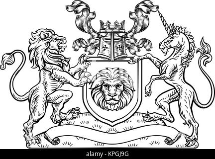 Löwe und Einhorn Schild heraldischen Wappen Stock Vektor
