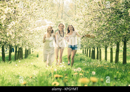 Junge Frauen in Cherry Garden Stockfoto