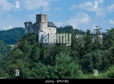 Niedzica Schloss über dem Fluss Dunajec. Ein mittelalterliches Schloss auf einem Forstwirtschaft Hill, gegen den blauen Himmel gesehen Stockfoto