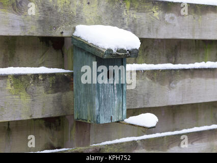 Vogelhaus verdeckte in Schnee, hängend an einer Holzwand Stockfoto
