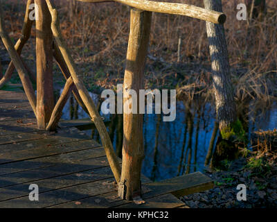 Eine hölzerne Brücke über einem blauen Wasser, Frühling Wald in thr verschwommenen Hintergrund Stockfoto