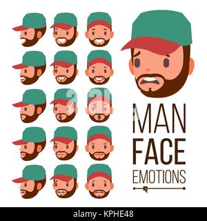 Man Emotionen Vektor. Gesicht männliche Sorte von Emotionen. Verschiedene Gesichtsausdrücke. Isolierte flache Cartoon Illustration Stock Vektor