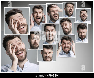 Satz des jungen Mannes Porträts mit verschiedenen Emotionen auf grauem Hintergrund Stockfoto