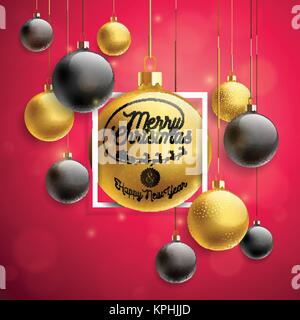 Vektor Frohe Weihnachten Abbildung mit Gold Glas Kugel und Typografie Elemente auf roten Hintergrund. Urlaub Design für Premium Grußkarte, Party Einladung oder Promo Banner. Stock Vektor