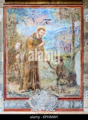 Fresko des hl. Franziskus in den Kreuzgang von Santa Chiara (Chiostro di Santa Chiara), Kloster Santa Chiara, Neapel, Kampanien, Italien Stockfoto