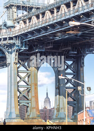 NEW YORK, USA - Januar 5, 2015: Das Empire State Building über die Manhattan Bridge am Nachmittag gesehen. Das Empire State Building ist ein 102-Stor Stockfoto