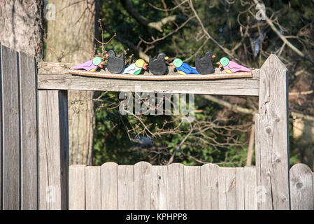 Wooden Vögel auf einem Verwitterten Eingang in einem österreichischen Dorf. Stockfoto