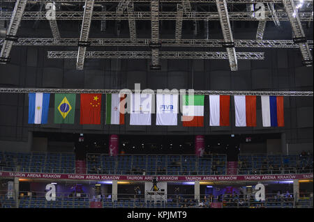 Krakow, Malopolska, Polen. 16 Dez, 2017. Flaggen der Länder der Volleyball Männer Club Wm 2017 werden gesehen, um die im Halbfinale des Volleyball Männer Club Wm 2017 in Tauron Arena. Credit: Omar Marques/SOPA/ZUMA Draht/Alamy leben Nachrichten Stockfoto