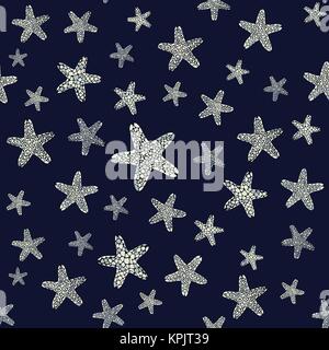 Starfish Hintergrund. Unterwasserwelt. Nahtlose Muster. Satz von grauen Seesterne. Endlose Ornament. Dunkelblau. Kann für Tapeten, Patter. Stock Vektor