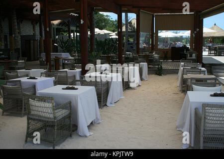 Die Kakteen in Sand mit Holzboden im Domaine de Lorangeraie Hotel Kantine, La Digue Island, Seychellen. Stockfoto