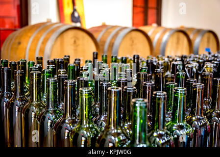 Reihen von grünen Weinflaschen vor weinfässer im Bahama Fässer Weingut in Nassau, Bahamas. Stockfoto