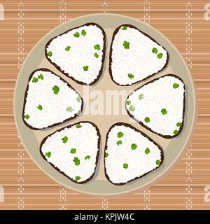 Onigiri mit grünen Erbsen. Dreieck Reisbällchen aufgewickelt mit Nori Algen. Abbildung. Japanische Küche. Mittagessen Textur. Asiatische snack Plate auf dem japane Stock Vektor