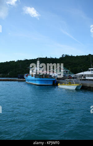 Angelboote/Fischerboote am St Anne Bay, Insel Praslin, Seychellen Stockfoto