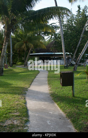 Palmen Sie und Gehsteig entlang Rasen Paradise Sun Hotel in der Nähe von Strand, Insel Praslin, Seychellen. Stockfoto