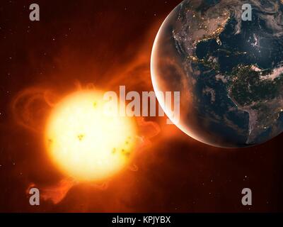 Abbildung eines coronal mass ejection Einfluss auf die Atmosphäre der Erde. Diese Ereignisse, CMEs kurz, sind leistungsstarke Versionen von Solar aufgeladen particl Stockfoto