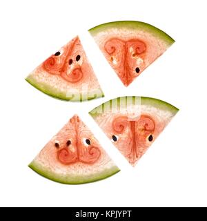 Scheiben Wassermelone vor einem weißen Hintergrund. Stockfoto