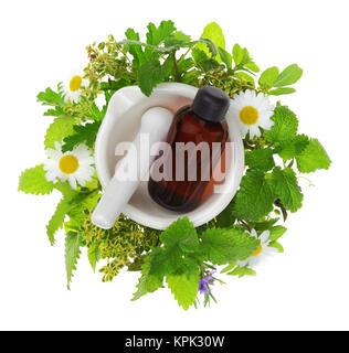 Mörser und Stößel mit frischen Kräutern und ätherischen Öl Flasche Stockfoto