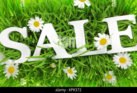 Gras mit Blüten und weißer Text Verkauf auf es Stockfoto