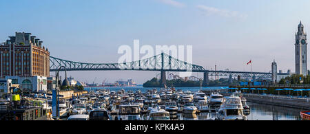 Marina am Alten Hafen von Montreal mit einem Blick auf die Turmuhr und Jacques Cartier Brücke; Montreal, Quebec, Kanada Stockfoto