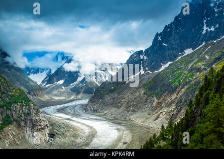 Anzeigen von Mer de Gletscher und den Grandes Jorasses im Sommer; Chamonix-Mont-Blanc, Rhône-Alpes, Frankreich Stockfoto