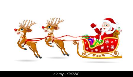 Weihnachtsmann auf Schlitten mit Rehen. Weihnachtsmann auf seinem Schlitten, durch Rotwild genutzt. Weihnachtsmann mit Geschenken auf seinem Schlitten. Stock Vektor