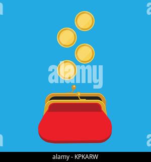 Vector Illustration goldenen Münzen in rot Retro Geldbörse fallen auf blauem Hintergrund isoliert. Dollar fallen in offenen Geldbeutel. Geld sparen Konzept Stock Vektor