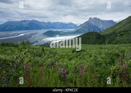 Donoho Peak und der Zusammenfluss von Root und Kennicott Gletscher, Wrangell-St. Elias National Park, Alaska Stockfoto