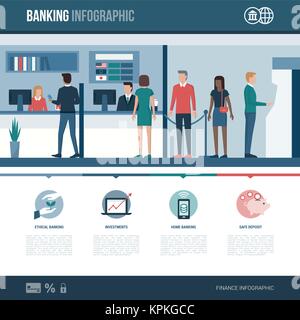 Banken, Finanzdienstleistungen und Rezeption Infografik mit Konzept Symbole und Platz kopieren Stock Vektor