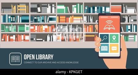 Bibliothek App auf einem Smartphone und Bücherregale auf dem Hintergrund mit bunten Bücher Stock Vektor