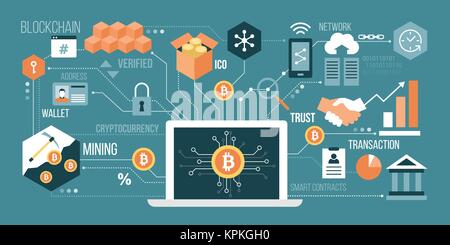 Bitcoin, cryptocurrency und blockchain Technik: Notebook im Netzwerk von Konzepten verbunden Stock Vektor