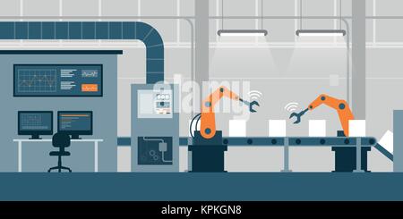 Effiziente smart factory mit Robotern, Computer- und Montagelinie: Industrie 4.0 Konzept Stock Vektor