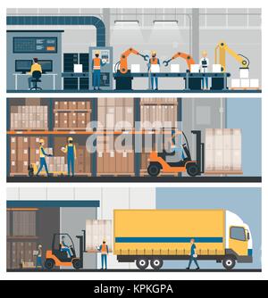 Smart Factory, Lager, Güterverkehr und professionelle Mitarbeiter, Banner einstellen Stock Vektor