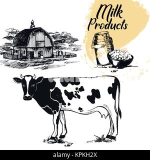 Satz von Hand gezeichnete Skizze stil Milch Bauernhof ähnliche Objekte. Vector Illustration auf weißem Hintergrund. Stock Vektor