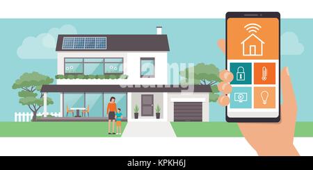 Smart Home App mit Steuerung, eco-Haus auf den Hintergrund und die Familie posiert, Technologie und lifestyle Konzept Stock Vektor