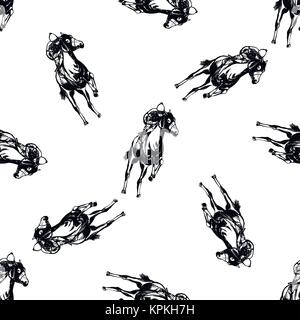 Nahtlose Muster von Hand gezeichnete Skizze stil Jockey auf dem Pferd. Vector Illustration auf weißem Hintergrund. Stock Vektor