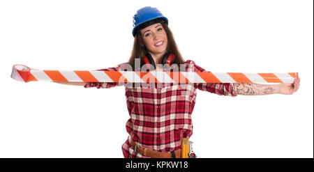 Weibliche Handwerker halten roten Absperrband Stockfoto