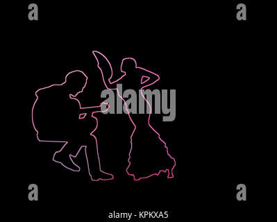 Silhouetten der weiblichen Flamenco Tänzerin und Gitarrist auf rosy Pink Abstrakt Hintergrund Abbildung. Stockfoto