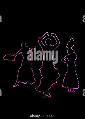 Silhouetten von drei weiblichen Flamenco Tänzern auf rosy Pink Abstrakt Hintergrund Abbildung. Stockfoto