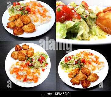 Huhn auf einem Teller mit Reis und Salat, 4 Bilder einstellen Stockfoto