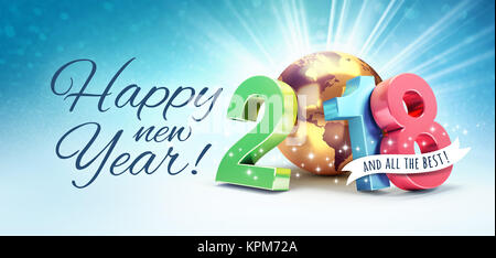 Grüße und buntes Neues Jahr Datum 2018, komponiert mit einem gold Planet Erde, auf einem glänzenden blauen Hintergrund - 3D-Darstellung Stockfoto