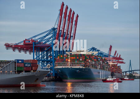Hamburg, eine der schönsten und beliebtesten Reiseziele der Welt. Container Terminal Burchardkai mit Containerschiffen Stockfoto