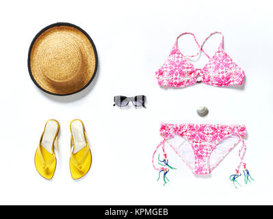 Flatlay top Reisen Urlaub bikini Hütte Stockfoto