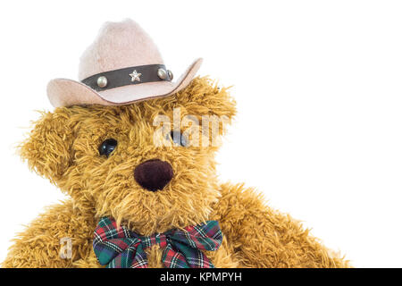 Close up cowboy Teddybär auf Weiß Stockfoto